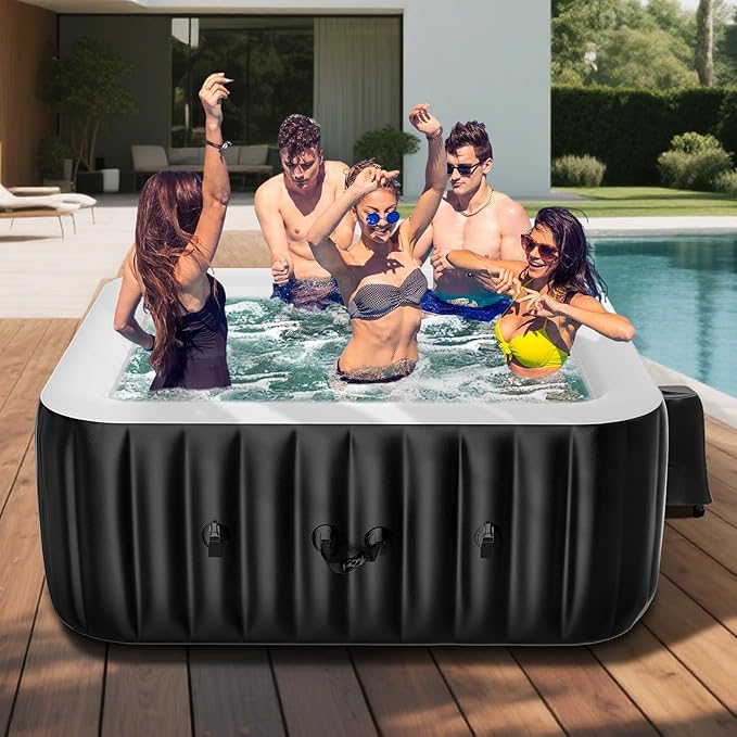 DoCred 4-6 Person Inflatable Hot Tub, 73" X 73" X 25" Square Blow up Portable Hot tub with 130 Bubble Jets, Large Outdoor Spa Bathtub Set Included Heater Pump, Insulated Cover and Filter