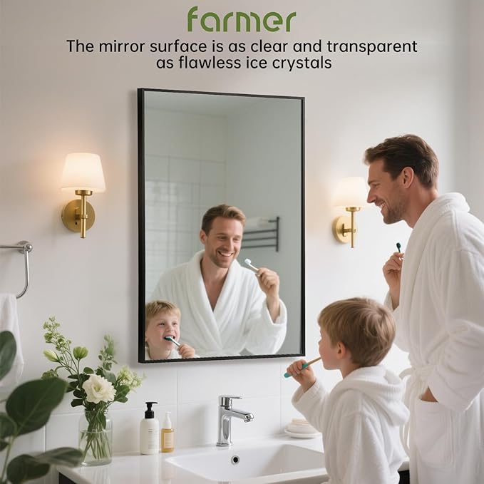 FARMER 26x38 Inch Black Bathroom Mirror, Rectangle Wall Mounted Mirror, Vanity Mirror, Brushed Square Mirror, Framed Bathroom Mirror for Bedrooms, Entryways, Living Rooms, Horizontal/Vertical