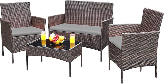 Greesum Patio Furniture 4 Pieces Conversation Sets Outdoor Wicker Rattan Chairs Garden Backyard Balcony Porch Poolside loveseat with Soft Cushion and Glass Table, Brown and Gray