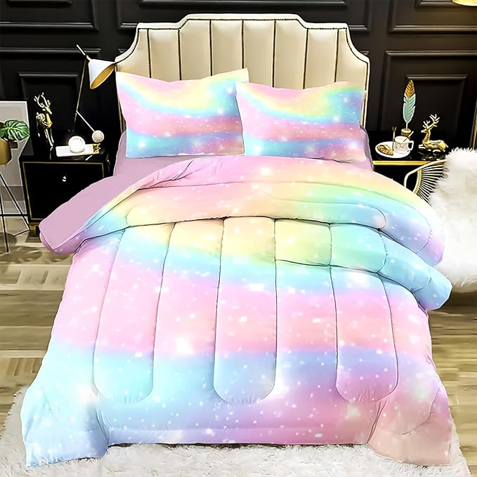 Kids Comforter Bedding Set 3 Piece Super Soft Breathable Print Kids Bedding Sets for Girls, Machine Washable Durable Comforter Set with Comforter with 2 Pillowcases(Twin, Gradient Color)