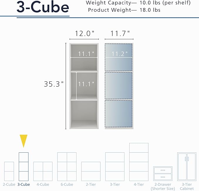 Apexa 3 Cube Storage Organizer Shelves, Stackable Wood Bookcase Fits Cubby Bins for Organization, Dorm Teen Room Decor & Home Office, White