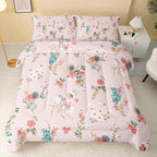 Floral Comforter Twin Size,Pink Floral Kids Comforter Set,3Pcs Bedding Set Printed Comforter with 2 Pillowcases,Down Alternative,Soft and Lightweight,for All Seasons