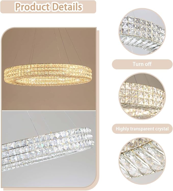 Dia 40" Modern Crystal Chandelier Ring Chandelier Adjustable Height Luxury Crystal Pendant Ceiling Light Fixture for Dining Living Room Bedroom