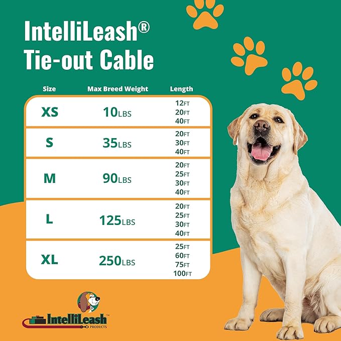 IntelliLeash 100FT Tie-Out Cables for Large Dogs - Strong, Safe, and Durable Dog Tie-Outs for up to 250 Pounds - Weather and Wear Resistant Galvanized Aircraft Cable for Outside Use
