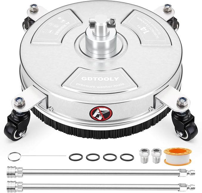 14" Pressure Washer Surface Cleaner, Stainless Steel Power Pressure Washer Attachment for Concrete, Patio, Driveway, Deck Cleaning, 2 Extension Wand Accessories, 1/4" Quick Connect, 4000 PSI