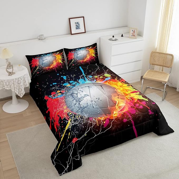 Erosebridal Kids Volleyball Comforter Set for Teen Girls Boys Volleyball Bedding Set Twin Grunge Hippie Tie Dye Bedding Comforter Red Blue Fire Water Lightning Quilt Duvet Insert 1 Pillow Case