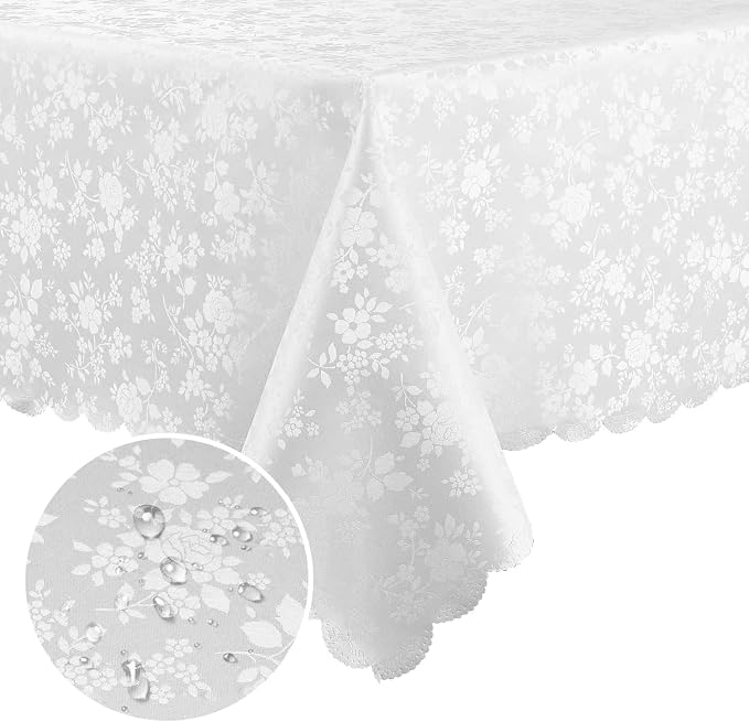 Smiry Rectangle Waterproof Heavy Duty Vinyl Tablecloths, 60 x 144 Inch | Wipeable Washable Floral Embossed Table Cover for Kitchen and Dining Room, Indoor & Outdoor Use, White