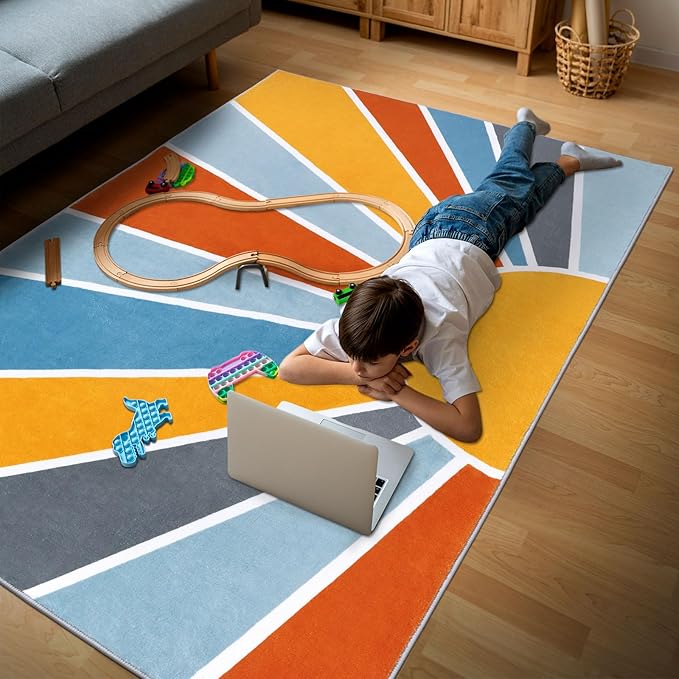 Topotdor Sun Rainbow Area Rug 4 x 6ft Boho Kids Nursery Rug, Colorful Washable Area Rug Ultra Soft Circle Classroom Rug Non-Slip for Bedroom Living Room Playroom Decor, Blue
