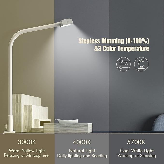LED Desk Lamp with Clamp, 10W Desk Lamps for Home Office, Eye-caring Computer Monitor Light, 3 Color Modes, Dimmable & Touch Control, Architect Desk Light for Drawing,Workbench-1000LM,White