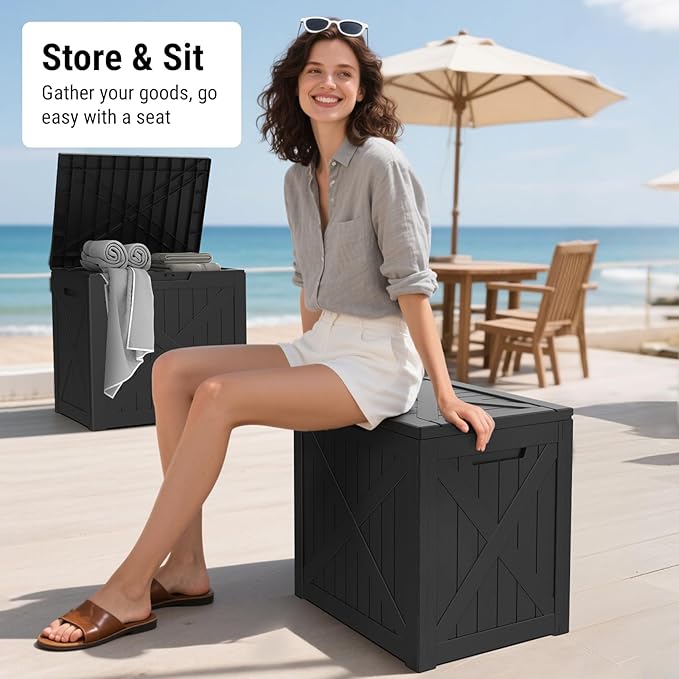 Mars Villa 31 Gallon Deck Box, Outdoor Storage Box Waterproof, Outside Resin Storage Bin for Outdoor Patio Furniture Cushions, Pool Supplies, Garden Tools, UV-Resistant and Weatherproof, Black Barn