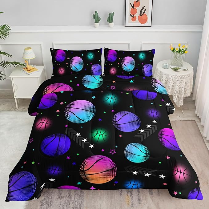 Datura home Kids Comforter Set Glowing Basketball Printed Pattern Bedding Set with 1 Comforter and 2 Pillowcases for Girls Boys Bedroom All Season(Basketball1 Queen)