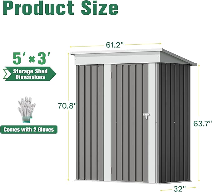 Flamaker 5x3 FT Storage Shed Waterproof Metal Garden Shed with Lockable Door Utility Tool Shed Outdoor Storage for Backyard, Patio and Lawn, Grey