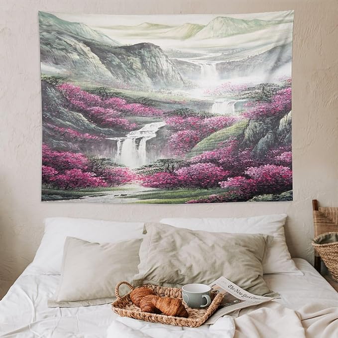 Japanese Tapestry, Red Plum Blossom Mountain Tapestry, Asian Japanese Wall Tapestry, Nature Landscape Tapestries for Bedroom Living Room Decor 80"x60"