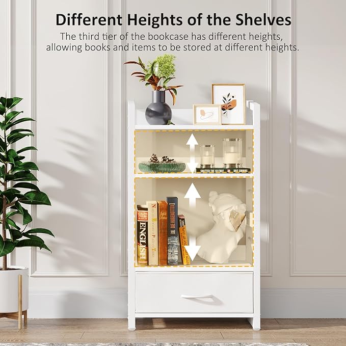 Small Bookshelf with Drawer - 4-Tier Wood Book Shelf Industrial Narrow Bookcase Storage Organizer Metal Stackable Shelves for Desktop Bedroom Living Room Home Office (White)