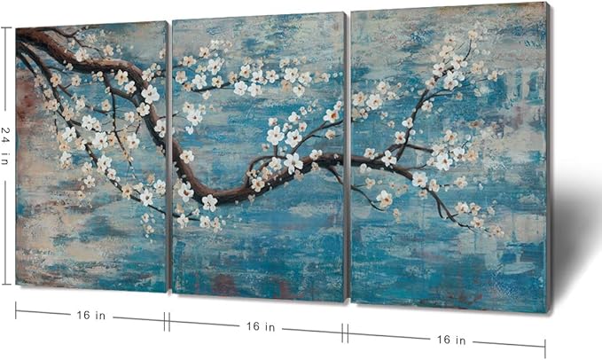 amatop Wall Art for Living Room 100% Hand-Painted Flower Oil Painting On Canvas Gallery Wrapped Large Framed Floral Plum Blossom Tree Teal Blue Artwork for Home Bedroom Decor 48"x24"