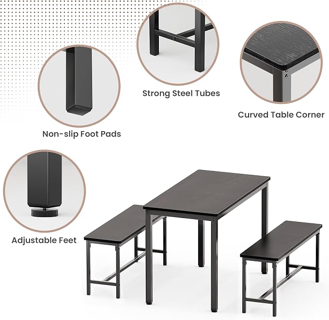 Dining Table Set for 4, Kitchen Table with 2 Benchs, Black | Modern Functional 3 Piece Space-Saving Dining Room Table Set for Apartment, Breakfast Nook, Small Space