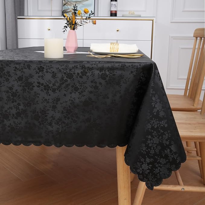 Smiry Rectangle Waterproof Heavy Duty Vinyl Tablecloths, 54 x 120 Inch | Wipeable Washable Floral Embossed Table Cover for Kitchen and Dining Room, Indoor & Outdoor Use, Black