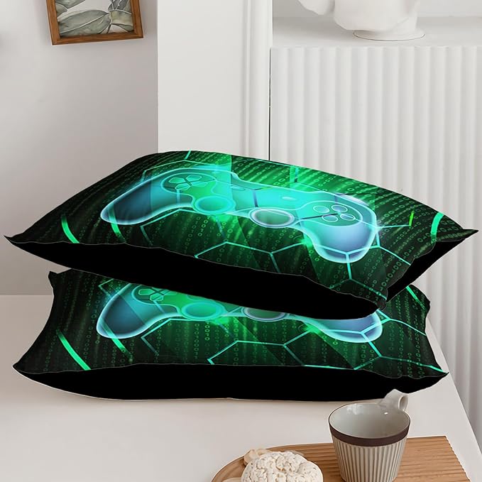 Axolotl Gamepad Comforter Set Queen Size,Number Video Gaming Gamer Bedding Set,Boys Game Console Comforter Set,Geometry Hexagonal Bedding Set for Teens Men Adults,1 Quilt 2 Pillowcases,Green Black