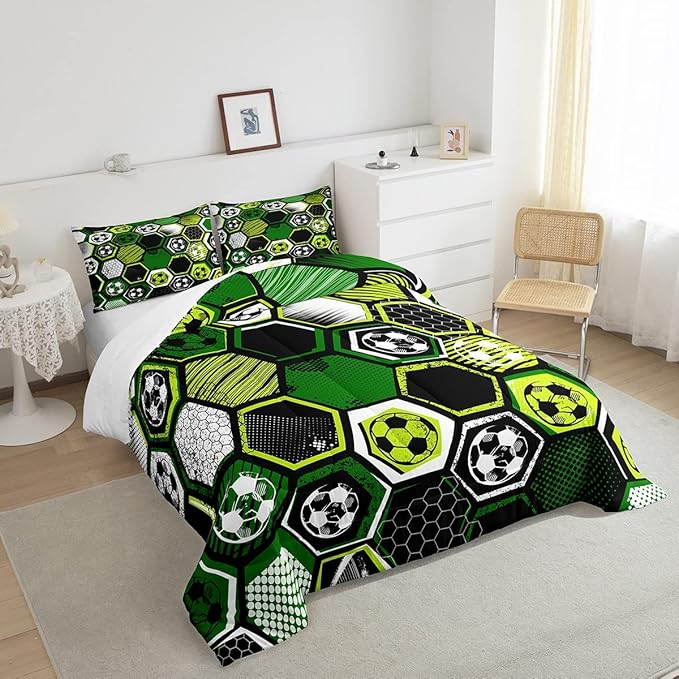 Erosebridal Boys Football Comforter Set Full Soccer Sports Bedding Set Twin for Kids Teen,Geometric Honeycomb Down Comforter Hexagon Beehive Quilt Duvet Duvet Insert Green Black White 2 Pillow Cases
