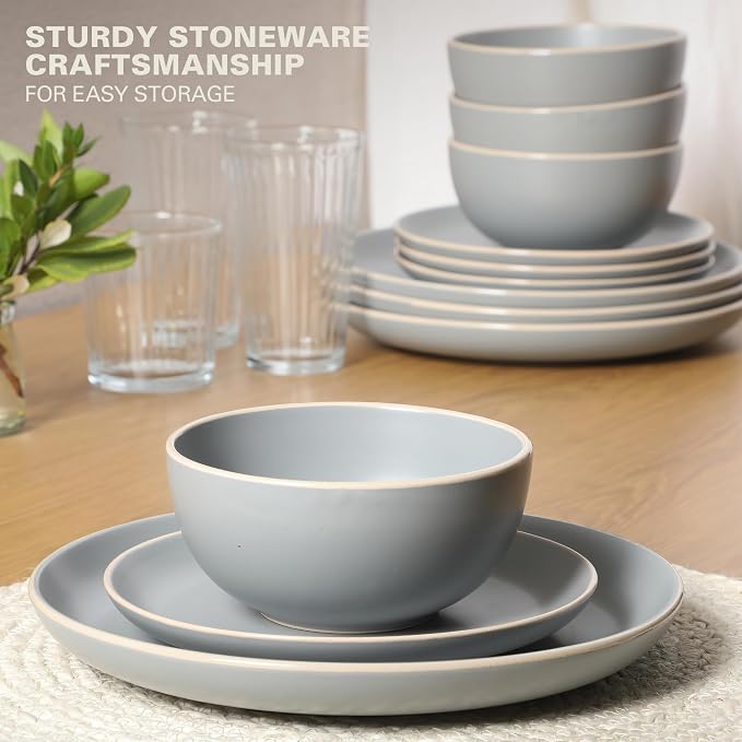 Gibson Home Rockaway 12-Piece Stoneware Dinnerware Set, Matte Finish, Service for 4, Modern Ceramic Plates and Bowls, Microwave & Dishwasher Safe – Soft Gray - Service for 4
