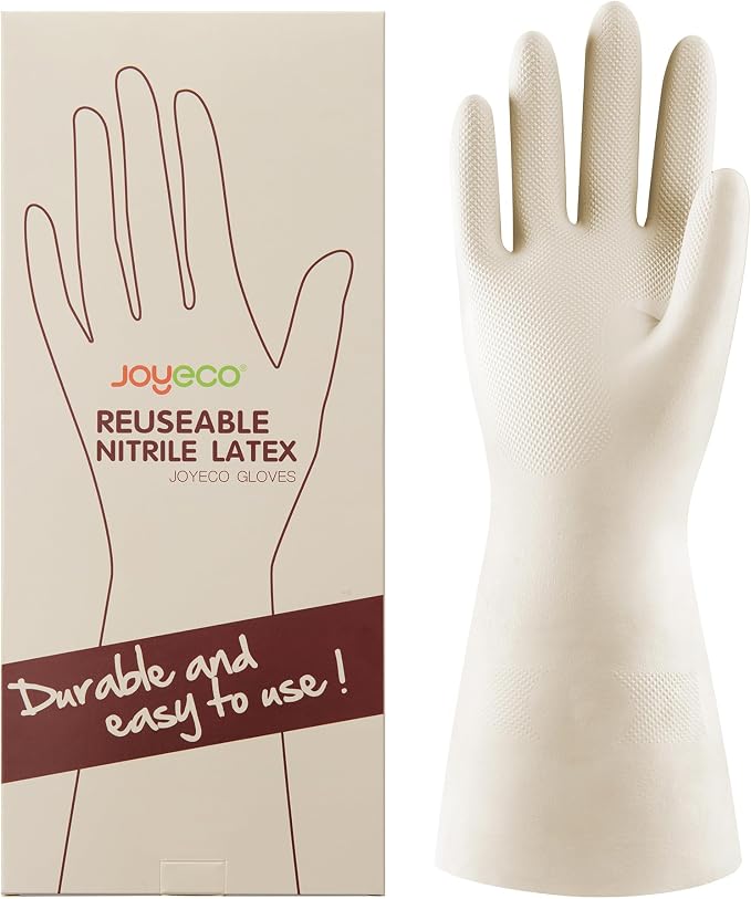 Cleaning Gloves Dishwashing Kitchen Gloves Reusable Rubber 3 Pairs White, Large