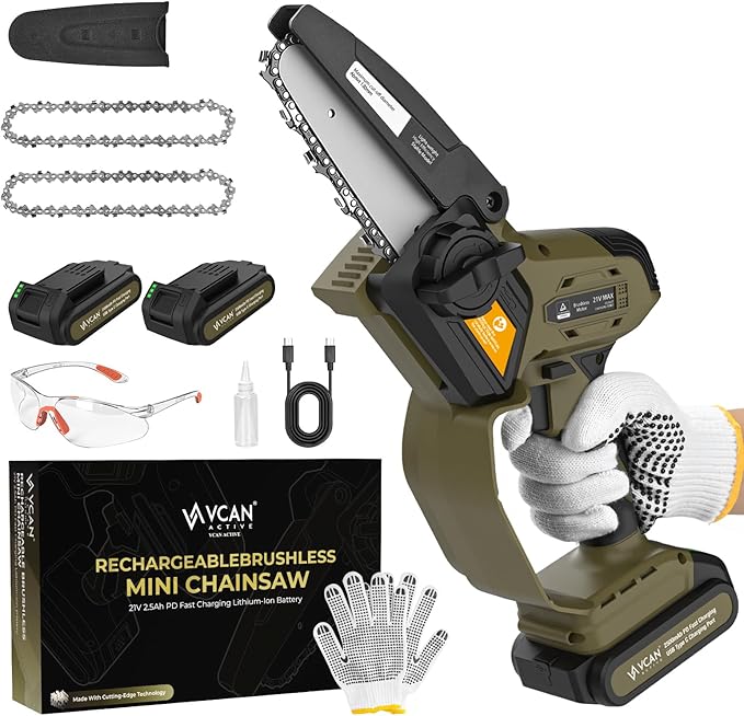 Mini Chainsaw Cordless 5 inch 36Ft/s Brushless Electric Chainsaw Pruning Saw with 21V 5Ah Battery 2PCS PD Fast Charging Batteries & 2 Chains for Tree Branch Wood Cutting Gardening for Men Dad Husband