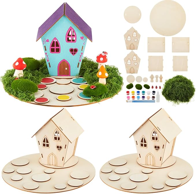 Kathfly 2 Sets Wooden Fairy House Craft Kit, Fairy Garden Kit with Paints & Decorations, Unpainted Miniature Accessories for Home Event Party Decor, Arts Crafts Birthday Gift