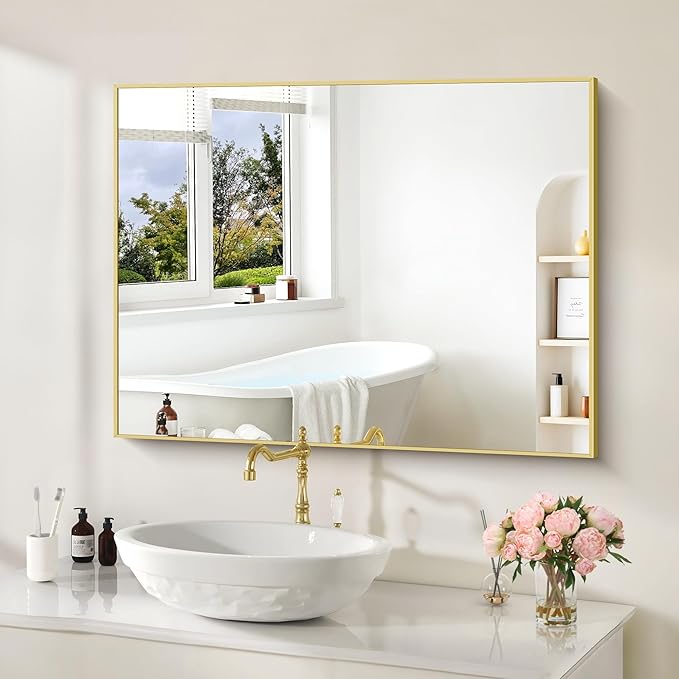 30x40In Gold Bathroom Mirror for Wall, Brushed Gold Rectangle Mirrors with Metal Frame, Bathroom Rectangular Mirror Modern Wall Mirror for Bedroom Living Room, Hangs Horizontal or Vertical