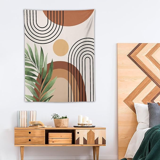 Abstract Bohemian Mid Century Tapestry, Tropical Leaves Modern Geometric Archway Minimalist Bohemian Botanical Aesthetic Wall Hanging, Sage Green Gold Home Decor Art for Bedroom 60x60 Inch