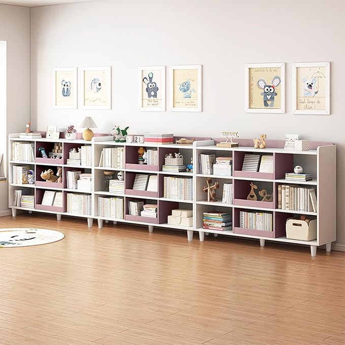 Wooden Cube Bookcase with Legs - 3-Tier Open Shelf Kidsroom Sorted Storage Cabinet Organizer for Books and Toys, 9-Cube Lattice Cute Cubby Bookshelf in White Mixed Mocha Brown, 47" W