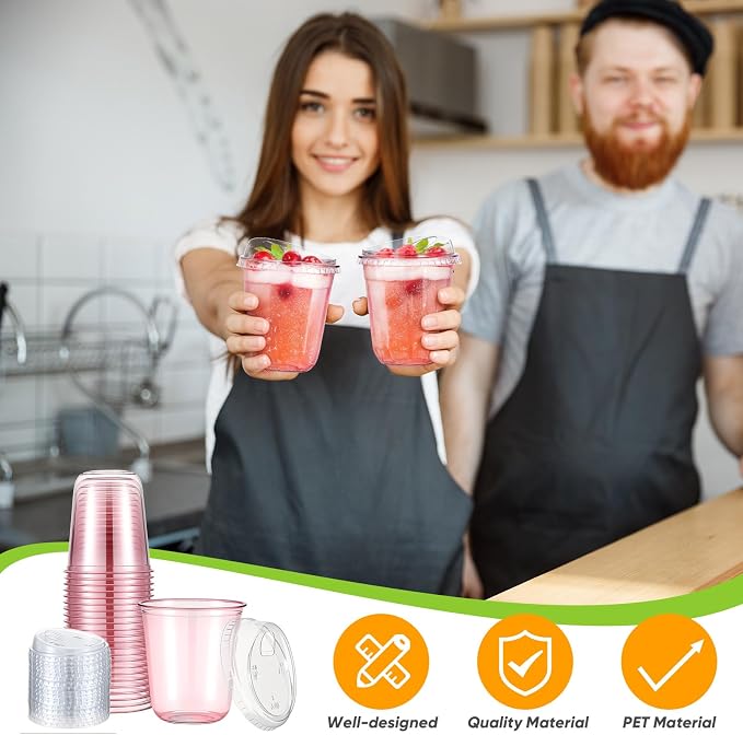 Ziliny 50 Sets Clear Plastic Coffee Cups with Sip Lids, Disposable Plastic PET Crystal Cups for Iced Coffee, Smoothie, Cold Beverage, Drink Shops and Party Catering (Clear Pink,14 oz)