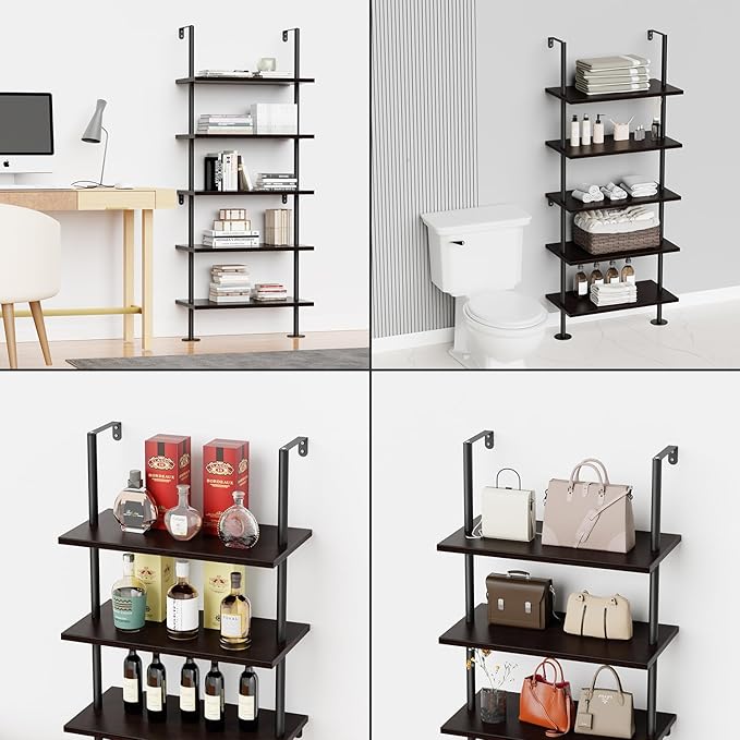 Ladder Shelf Bookcase 5 Tier, Extra Sturdy Modern Bookshelf Wall Mounted, Tall Black Open Book Shelf, Standing Industrial Metal Frame with Wooden Shelves