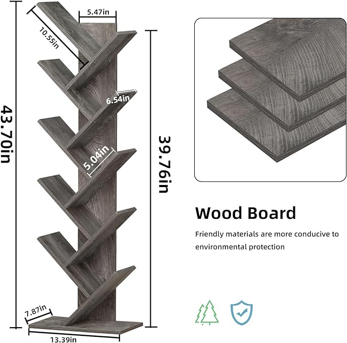 10 Tier Tree Book Shelf, Floor Standing Wood Bookshelf for Narrow Space, Storage Organizer Bookshelves for Books/CDs/Magazine, Bookcase with Shelves for Home Office, Living Room - Light Grey