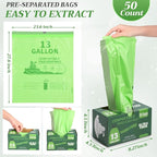 Amyhill 50 Count 13 Gallon Compostable Trash Bags Drawstring Heavy Duty Extra Thick 1.58 Mil 49.2 Liter Garbage Bags 13 Gallon Tall Kitchen Food Scrap Waste for Home Bathroom Garbage, Green