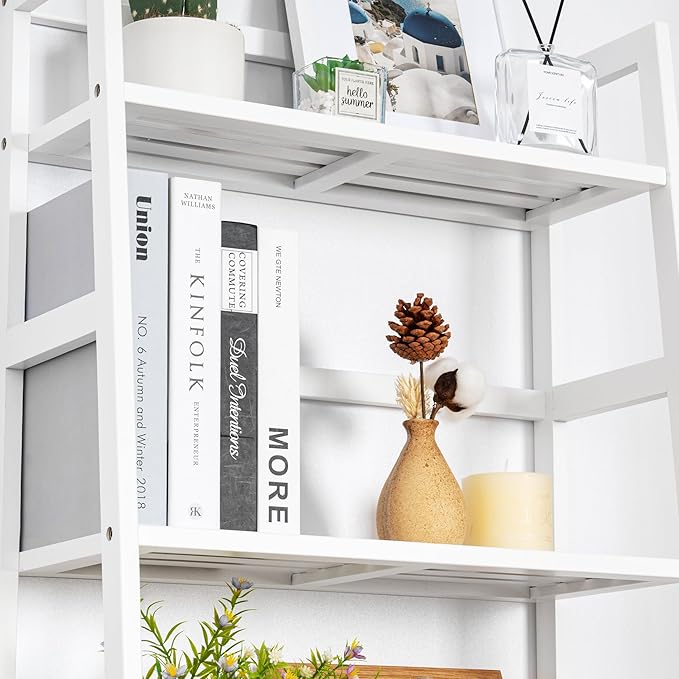 4-Tier Bamboo Bookshelf Ladder Shelf Book Shelf Bookcase Freestanding Storage Rack Plant Stand for Bedroom, Living Room, Bathroom, Small Space, Light white