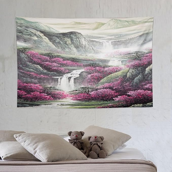 Japanese Tapestry, Red Plum Blossom Mountain Tapestry, Asian Japanese Wall Tapestry, Nature Landscape Tapestries for Bedroom Living Room Decor 60"x40"