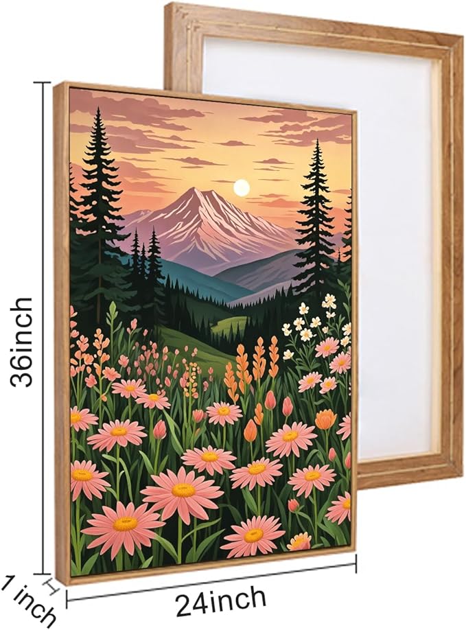 HPINUB Mountain Sunset Floral Framed Canvas Wall Art Set,Colorful Wildflower Daisy Flower Wall Decor,Boho Blossom Botanical Artwork Modern Nature Landscape Art Print for Living Room,Bedroom-24 x36 x3