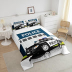 Children Police Car Comforter Set, 3D Car Pattern Down Comforter Full Size for Kids Boys Girls Teens Bedroom, Cartoon Automobile Quilted Duvet, Decorative 3 Piece Bedding Set with 2 Pillow Cases