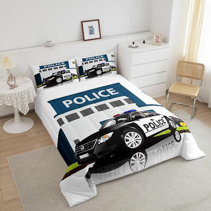 Erosebridal Police Car Comforter Sets King Size, Policeman Boys Bedding Set for Kids Boys Children Teens Bedroom Decor, Polica Vehicle Quilt Cartoon Automobile Duvet Insert with 2 Pillow Cases