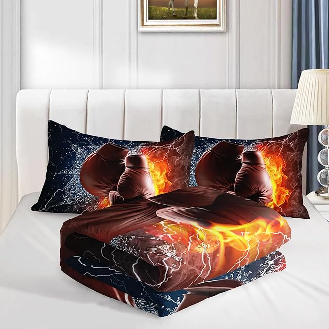 Axolotl Boxing Bedding Set Full,Sports Theme Comforter Set Boxing Gloves Pattern Bedding Set,Red Blue Cool Lightning Comforter Pugilism Games Bedding Set for Kids Boys Teens Men,1 Quilt 2 Pillowcases