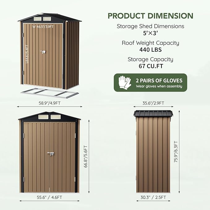 5x3 FT Outdoor Metal Storage Shed with Floor Frame, Double Door, 1 Clear Window, Tool Shed for Garden, Patio, Backyard Brown