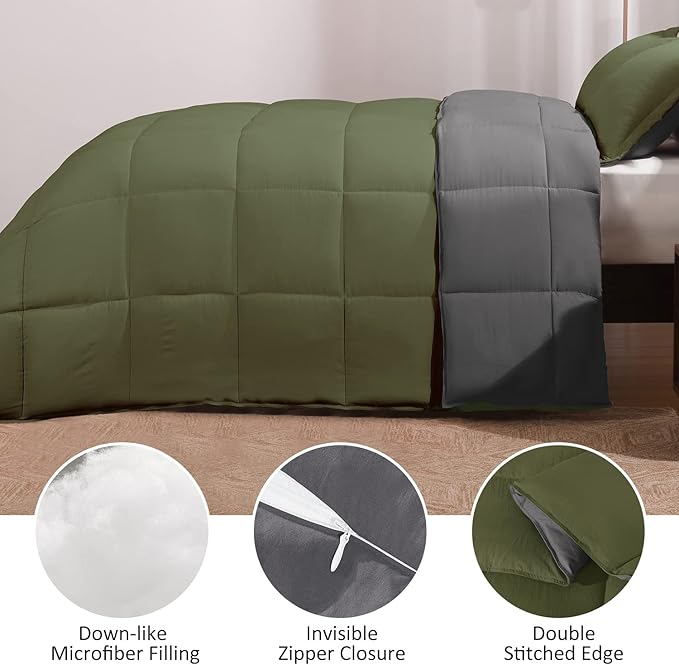 Basic Beyond Queen Comforter Set - Fluffy Comforter Queen Set for All Seasons - Reversible Olive Green Queen Comforter Set for Mens - 3 Pieces (1 Comforter + 2 Pillow Shams) - Olive Green/Drak Gray