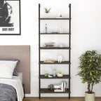 Ladder Shelf Black 6 Tiers Modern Bookshelf Room Organizer Open Tall Wall Mount Bookcase Standing Leaning Wall Shelves Industrial Decorative Living Room Bed Room