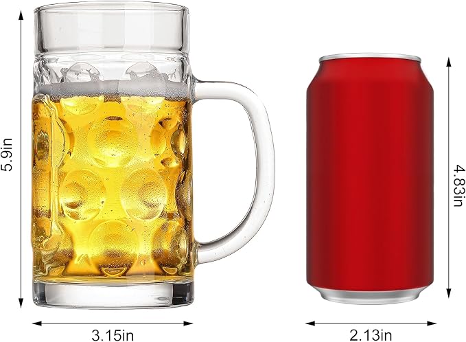 Freezer Beer Mugs, 20 oz Large Heavy Glass Mugs with Handles Set of 2, Clear Large Beer Steins for Tea, Coffee Glasses Oktoberfest Style for Dad Husband or Friend