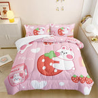 Strawberry Rabbit Comforter Set for Kids Teens Girls Women,Pink Bunny Kids Comforter,1 Comforter with 2 Pillowcase, Microfiber 3 Piece Bedding Set,for All Seasons(Pink，Full Size)