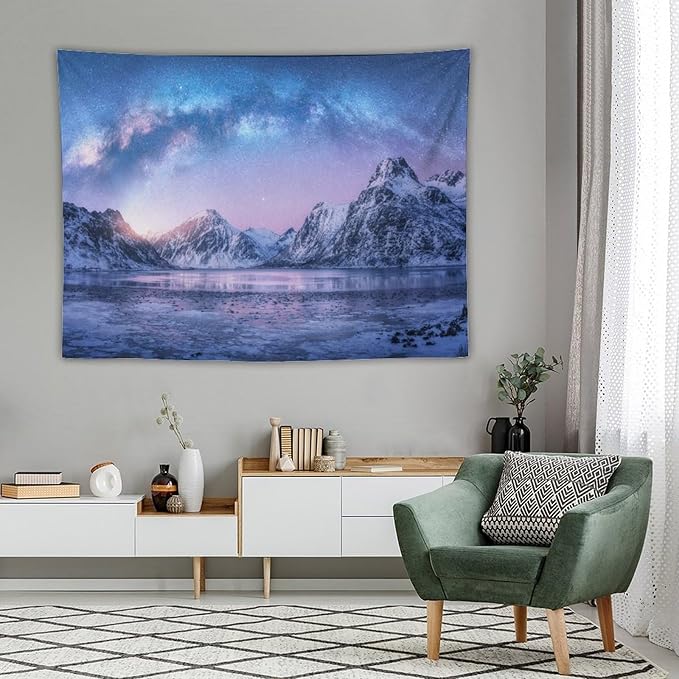 HZOHNAGO Mountain Tapestry Aurora Snow Mountain Sunset Pattern Printed Wall Tapestry Wall Hanging for Bedroom Living Room Dorm 80" W x 60" H