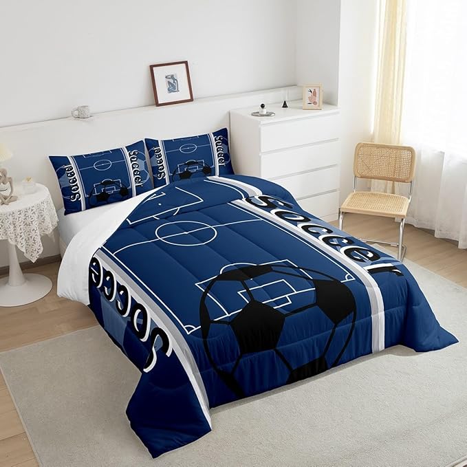 Feelyou Kids Soccer Ball Game Comforter Set King Size Rugby Sports Bedding Set for Boys Girls Teens Bedroom Decor Football Comforter Football Lover Duvet Set with 2 Pillow Case