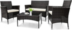 Patio Furniture, 4 Piece Conversation Set, Outdoor Wicker Rattan Table and Chairs, Sectional Sofa with Thick Cushion for Garden, Yard, or Porch, Dark Black