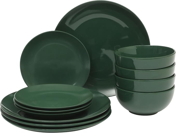 Gibson Home Simple Essential (Service for 4) 12 Piece Plates and Bowls Porcelain Solid Color Dishes Ceramic Dinnerware Set - Hunter Green