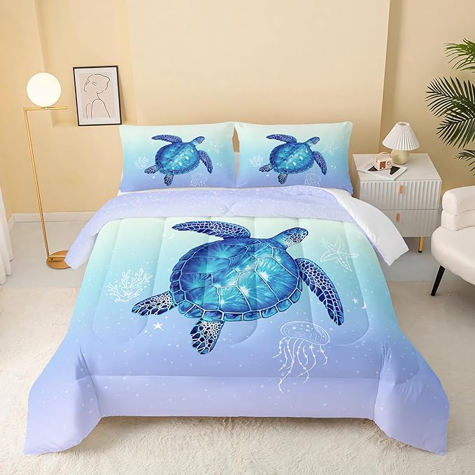 Turtle Comforter Queen Size,Ocean Comforter Set for Kids Teens Girls Boys,3Pcs Bedding Set Printed Comforter with 2 Pillowcases,Down Alternative,Soft and Lightweight(Blue，Queen Size)